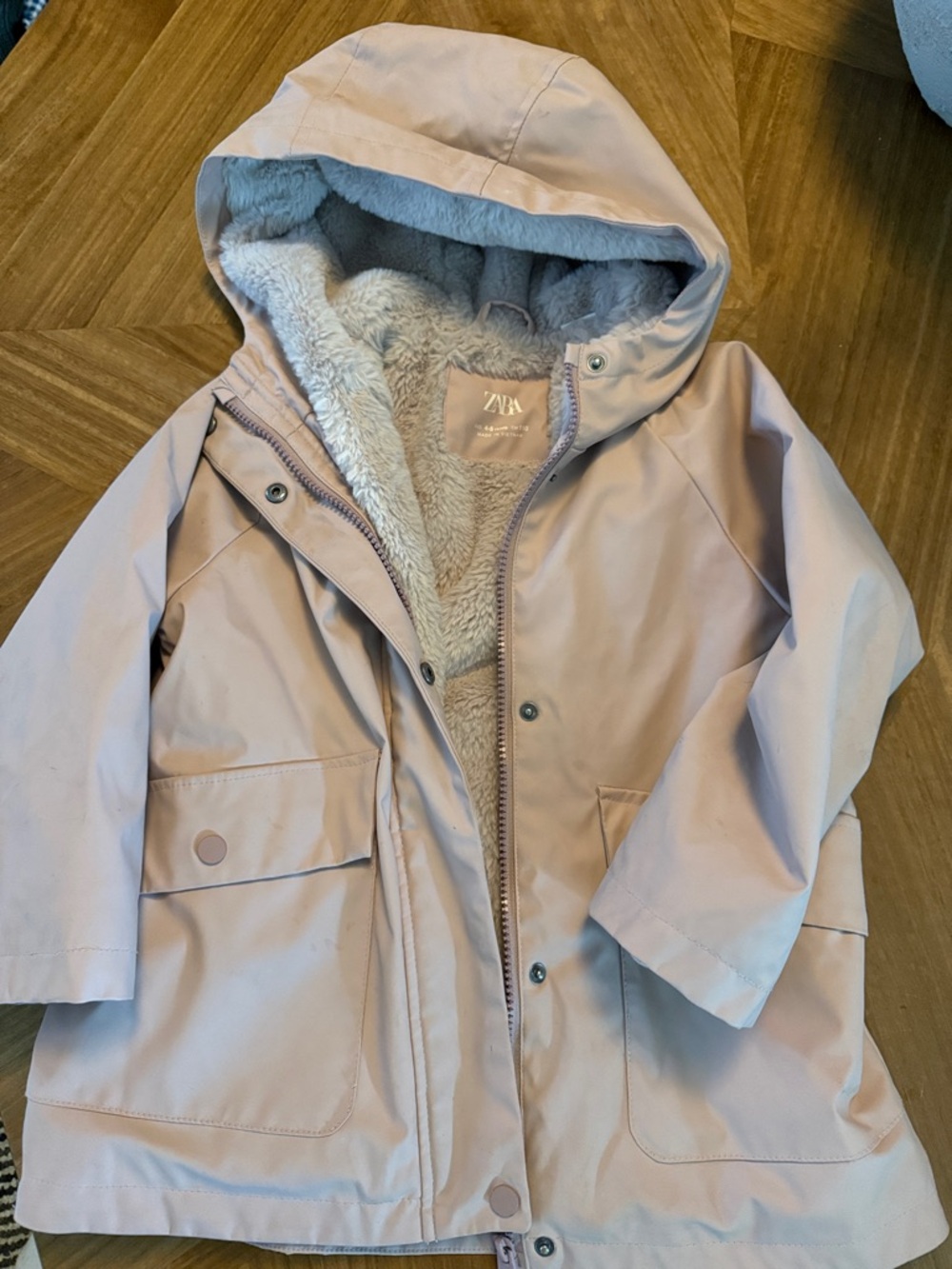 Zara Kids Light Pink Hooded Faux-Fur Lined Raincoat 4-5
